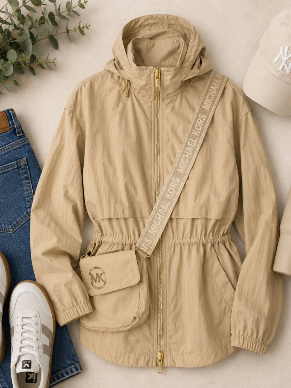 Michael Kors Beige Hooded Packable Jacket with Crossbody Pouch Size XS